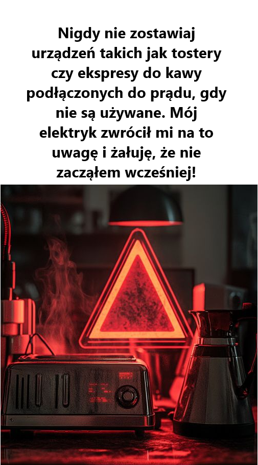 Nigdy nie zostawiaj urządzeń takich jak tostery czy ekspresy do kawy podłączonych do prądu, gdy nie są używane. Mój elektryk zwrócił mi na to uwagę i żałuję, że nie zacząłem wcześniej!