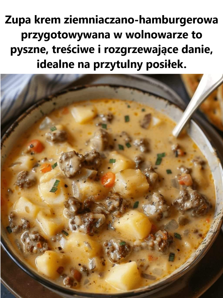 Zupa krem ​​ziemniaczano-hamburgerowa przygotowywana w wolnowarze to pyszne, treściwe i rozgrzewające danie, idealne na przytulny posiłek.